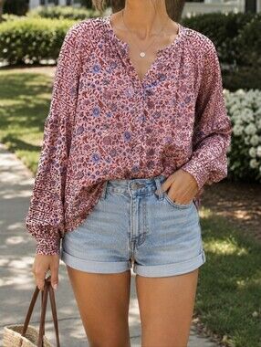NWT FDJ Pink Floral Boho Blouse 100% Viscose Button Front Peasant Top Romantic